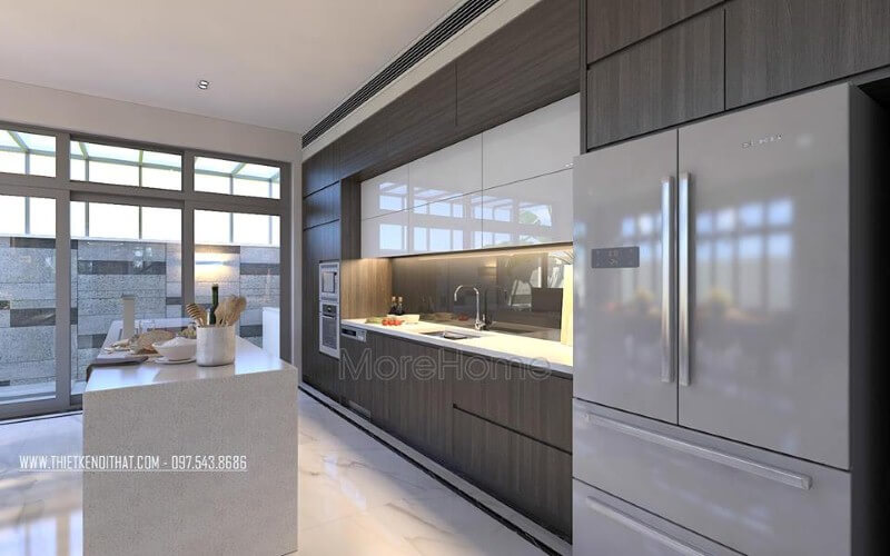 Thiết kế nội thất phòng bếp hiện đại, sang trọng từ tủ bếp gỗ công nghiệp acrylic đồng màu cùng đá ốp cao cấp. Thiết kế phòng bếp, tủ bếp đẹp