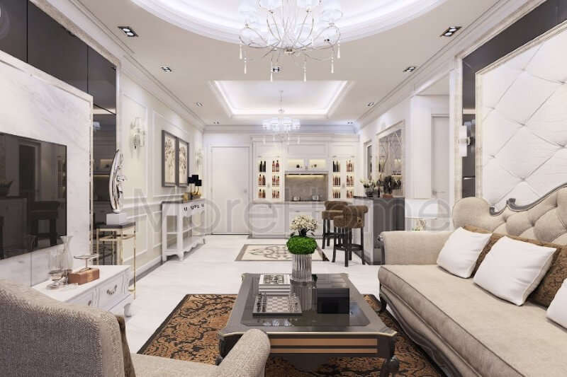 Bộ sofa bọc nỉ khá đơn giản nhưng vẫn là điểm nhấn chính trong không gian phòng khách. Sự tối giản của bộ sofa chữ i và một chiếc sofa đơn tạo hiệu ứng không gian tiếp khách thêm phần sang trọng và rộng lớn hơn Mẫu nội thất chung cư