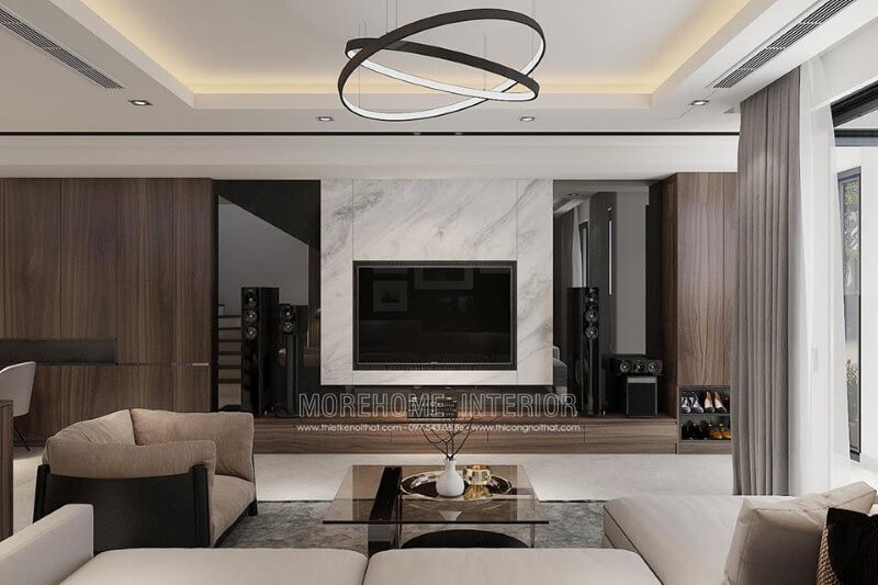 Đá ốp phòng khách trắng vân mây đẹp sang trọng lựa chọn ấn tượng cho phòng khách hiện đại. Thiết kế nội thất phòng khách nhà phố