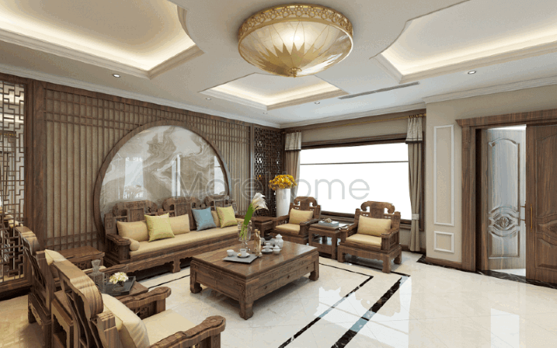 Bộ bàn ghế gỗ óc chó cao cấp cùng đường nét tuyệt đẹp tạo nên không gian đẳng cấp cho phòng khách biệt thự Riverside Nguyễn Duy Trinh Quận 2, Tp. HCM. Thiết kế nội thất phòng khách nhà phố