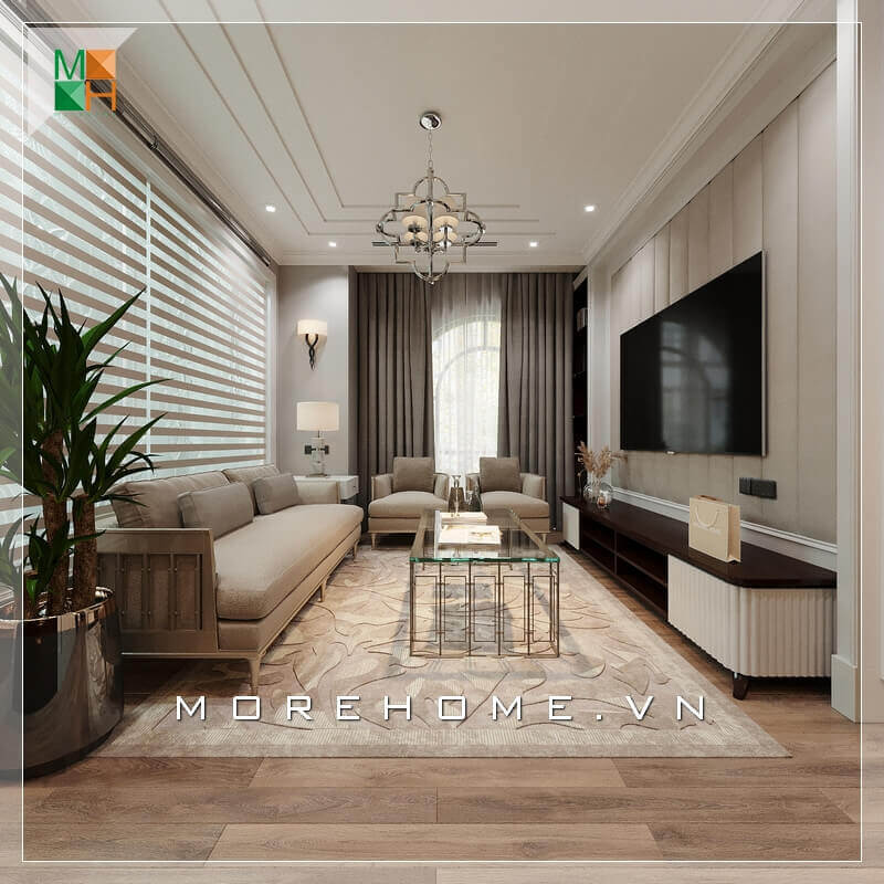 Morehome gợi ý cho bạn mẫu thiết kế nội thất phòng khách chung cư, nhà phố tiện nghi và sang trọng mang phong cách tân cổ điển. Thiết kế nội thất phòng khách nhà phố