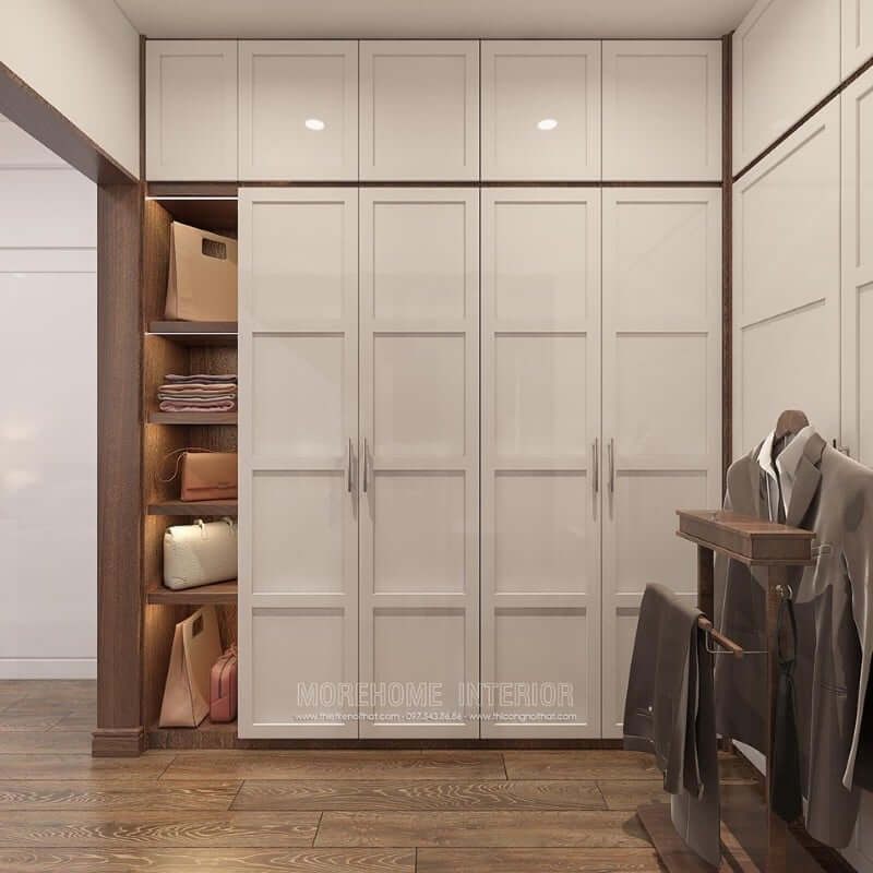 Tủ quần áo màu trắng với thiết kế kịch trần kết hợp ngăn kệ không cánh được ưa chuộng hiện nay