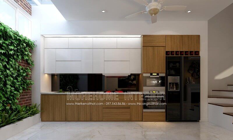 Kính ốp bếp màu đen tuyền đem đến sự cao cấp và chiều sâu cho khu vực nội trợ.