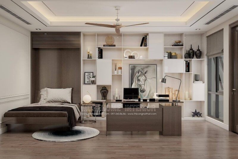 Thiết kế phòng làm việc riêng hiện đại với nội thất gỗ công nghiệp mang đến sự thoải mái cho không gian làm việc