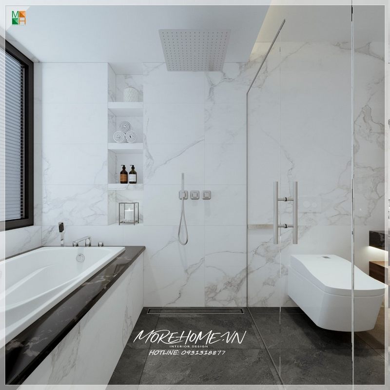 Trang trí phòng tắm có bồn tắm hiện đại không gian tiện nghi sử dụng tiện lợi.