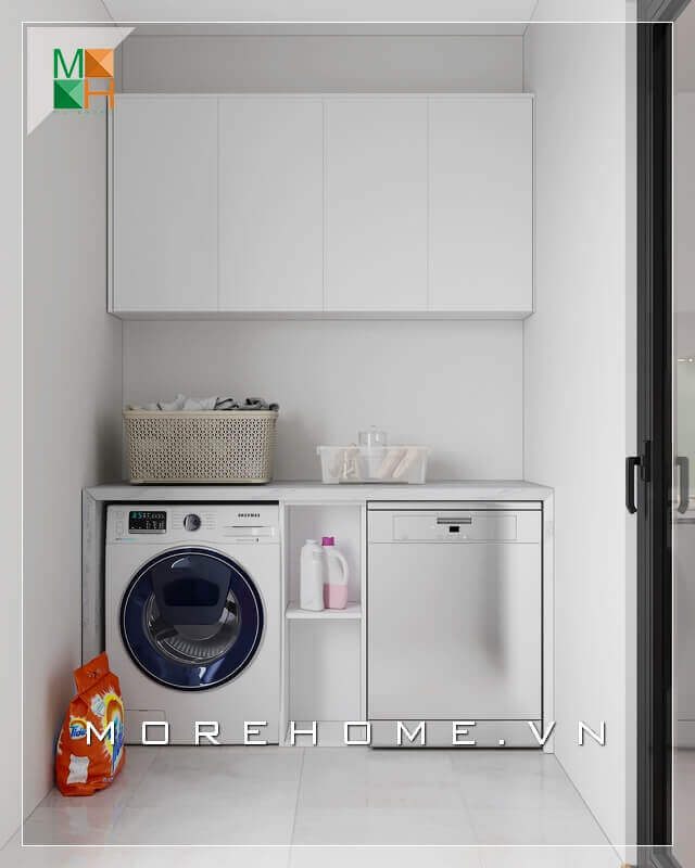 Mẫu kệ tủ giặt đồ gỗ công nghiệp acrylic trắng rất hiện đại, thiết kế treo tường vừa tiết kiệm được diện tích không gian