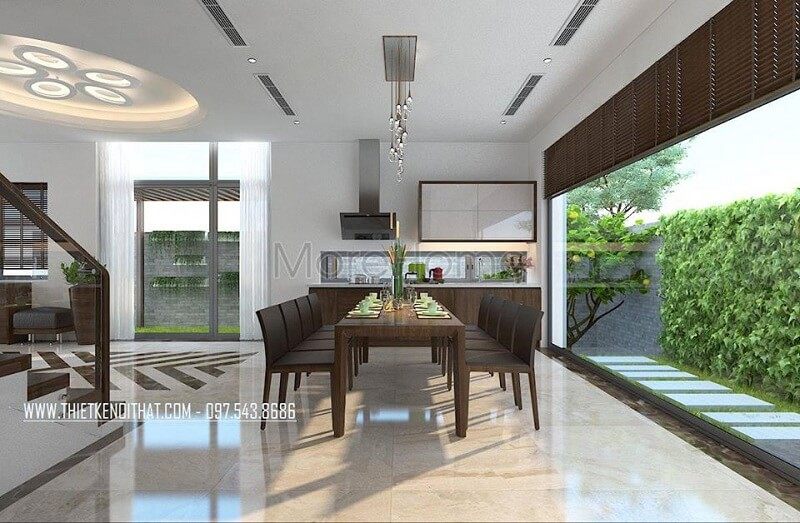 Thiết kế nội thất biệt thự hiện đại với bộ bàn ăn gỗ đẹp mang đến không gian phòng ăn lí tưởng sang trọng