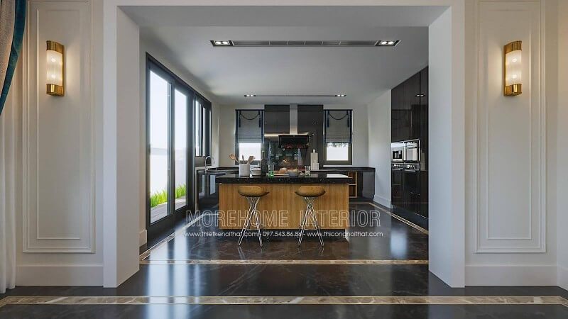 Khu vực bếp khoa học được thiết kế với các tính năng đầy đủ, sử dụng vật liệu gỗ công nghiệp, đá ốp bếp, hệ thống máy móc và các phụ kiện hỗ trợ công việc nội trợ.